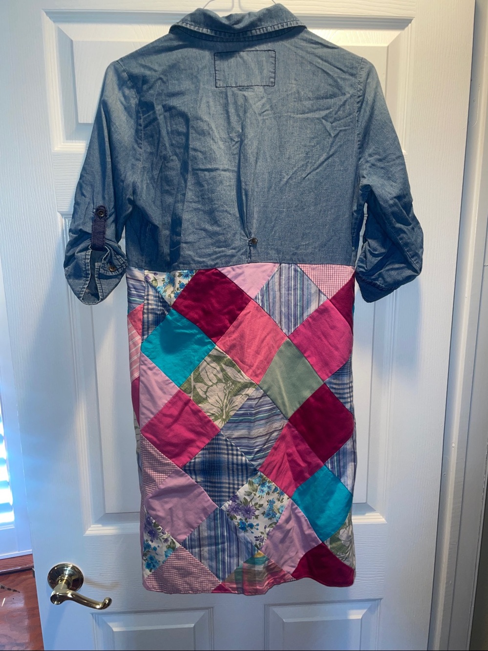 Decree Denim Patchwork Dress in Denim, Pink, Teal, Lavender and Green, Boho - Picture 4 of 4